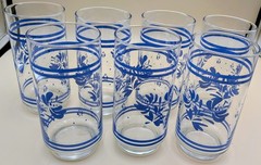 Vtg Country Blue Folk Art Floral Glass Tumblers Set of 7 Farmhouse Iced Tea MCM