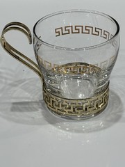 MCM Libbey Cups Greek Key Glass Punch Cocktail Coffee Gold Metal Handle Set Of 4