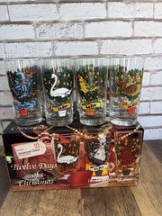 Indian Glass Twelve Days of Christmas 12-12oz Tumblers Glasses Complete Set NIB