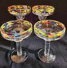 Set/4 Art Glass Margarita Glasses Clear w/ Multicolor Confetti Rim 7″ 4.5″