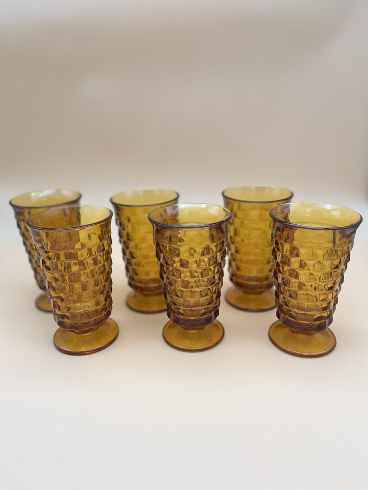 Vintage Indiana Whitehall Colony Cubist Amber Set 6 Glass Footed Tumblers MCM 6″