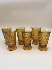 Vintage Indiana Whitehall Colony Cubist Amber Set 6 Glass Footed Tumblers MCM 6″
