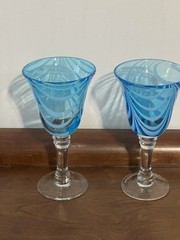 Hand Blown Glass Wine Water Goblets Blue Teal White Swirl Pattern Set of 2