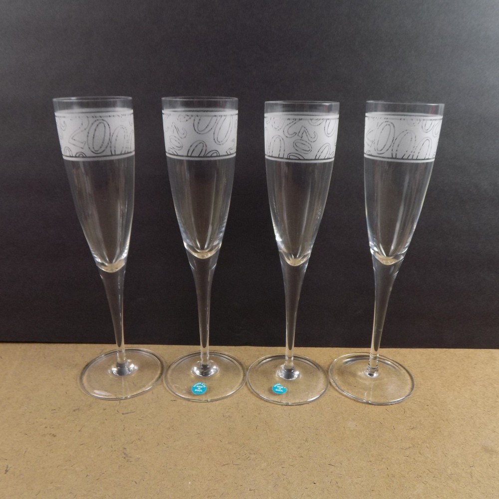 4 Tiffany & Co. Crystal Millennium 2000 Champagne Flutes Glasses 9.25″ Tall