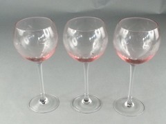 Vintage Pink Etched Floral Wine Glasses Set of 3 Clear Stem Rose Tinted Glass