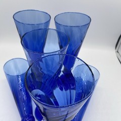 VTG 6 Champagne / Beer Set Cobalt Blue Swirl Tall Flutes Short Stem Bar Glasses