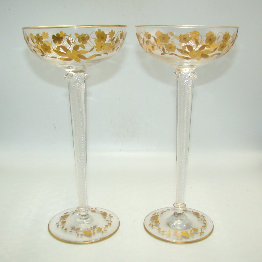 2 Antique Moser Gold Enamel Floral Champagne Goblets w/Air Twist Stem
