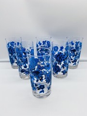 6 Libbey Royal Norfolk Blue & Black Flowered 16 oz. Iced Tea Glasses Tumblers
