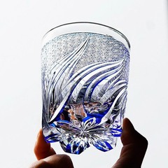 Edo Kiriko Crystal Whiskey Glass Hand Cut Blue Clear 9oz Gift Boxed