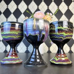Signed D. Lesser Studio Pottery Goblets, Stoneware Set of 3, 6 Inches Tie & Dye