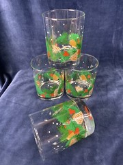 Vintage 4 Libbey Double Old Fashioned Glasses NOS Pine cones Holly