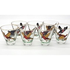 1950s HAZEL ATLAS 7 Pheasant Shot Glasses Bird Hunters Country Gentleman Barware