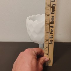 Vtg Diamond/Basketweave Design Milk Glass Textured Pedestal Goblet Scalloped Rim