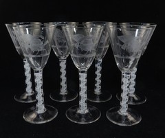 Beautiful Antique Air Twist Stem & Etched Glass Stemware: 7 Wine Glasses 7.5″ t