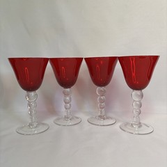 Set of Four Hand Blown Ruby Red & Clear Crystal Stemmed Wine Glasses Goblets