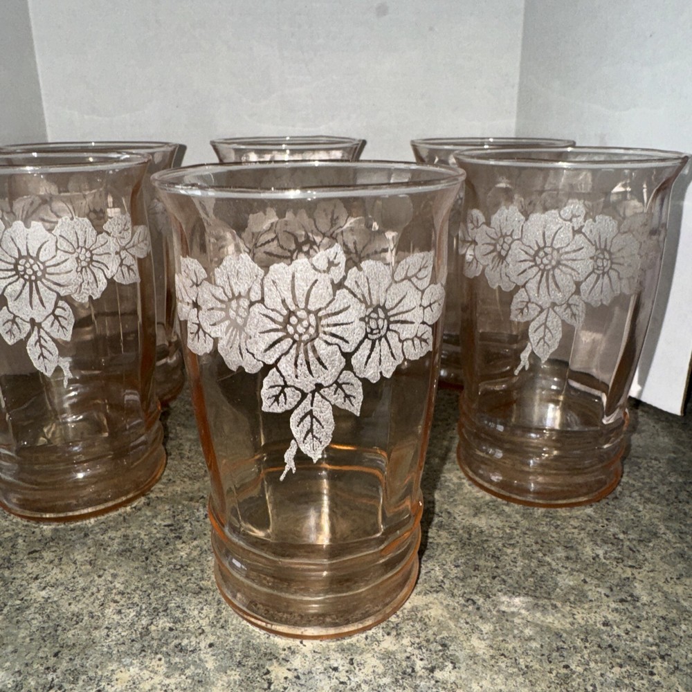 MacBeth Evans Dogwwod Set of 6 Pink Depression Glass Juice Tumblers 10 oz Etched