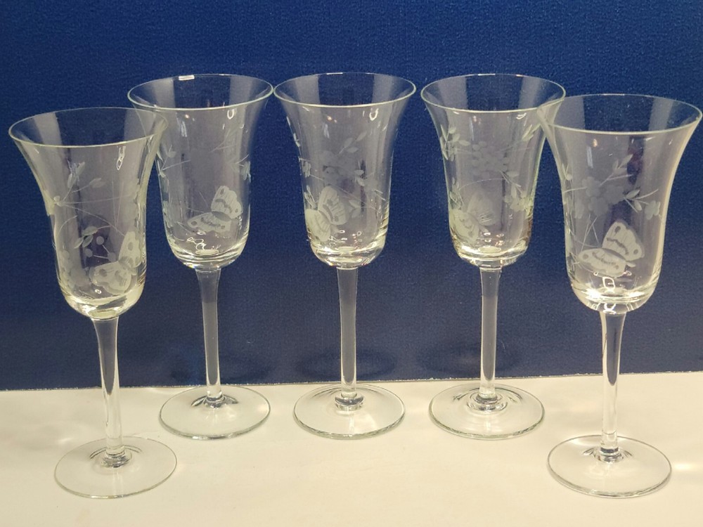5 – Vintage Clear Floral & Butterfly Etched Wine Glasses