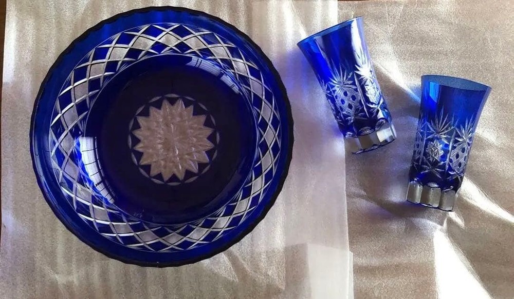 Edo Kiriko Cut Glass Serving Plate and Glass Set Cobalt Blue Japan