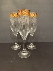 (3) Bernini 24K GOLD Trim Etched Blown Crystal Champagne Glasses 8 1/8” T