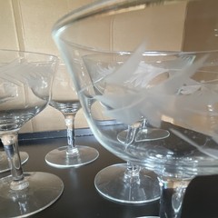 Set of 6 Clear Glass Etched Leaf Coupe Cocktail Glasses, Round Shape