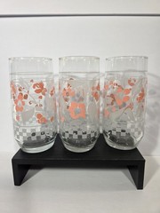 Set Of 3 Anchor Hocking 6″ Glasses Pink Coral Flowers White Leaves 1988 Vintage