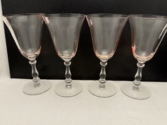 Set Of 4 Central Glass Company Pink & Crystal “baseball bat” Stem Goblets 1930s