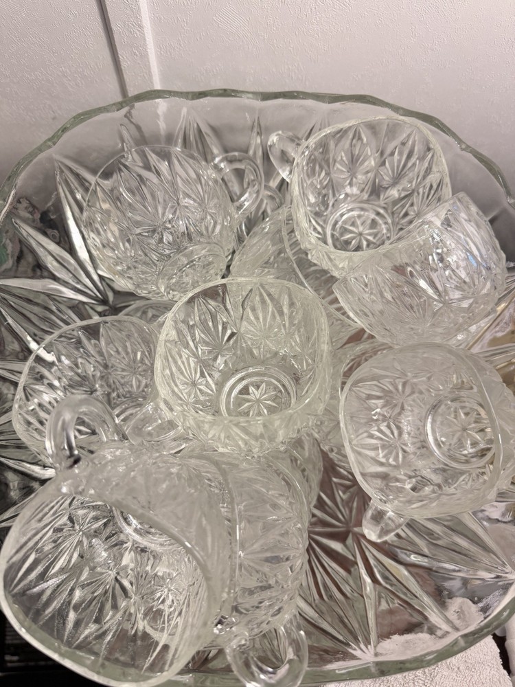 Vintage Anchor Hocking Clear Starburst Pressed Glass Punch Bowl Set