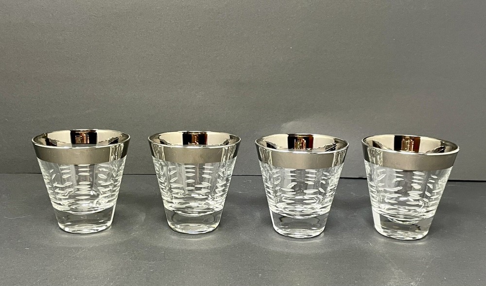 Vintage MCM Set of 4 Silver Rim Etched Double Shot Glasses
