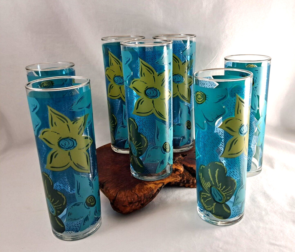 Set/7 Federal Glass 6.75″ TOM COLLINS Glasses Turquoise Floral Silver Rim
