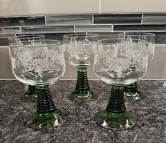 5 Roemer Beehive Emerald Green Stem Crystal Wine Glasses w Grape Etching Vintage