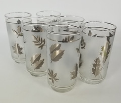 Vintage MCM Silver Leaf Frosted 6 pc Drinking Glass Set by Libbey Leaves Foliage