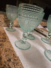 Vintage Style Sage Green Hobnail Beaded Goblets Dbl. Ball Stem Glassware Set (8)