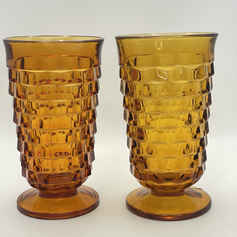 VTG Amber Tumblers Indiana Whitehall Cubist 6” Footed Parfait Glasses Pair