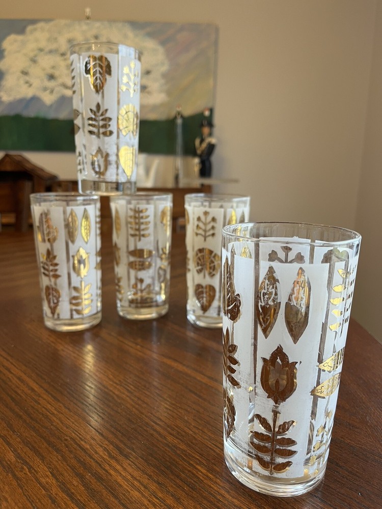 5 Vintage White And Gold Leaf Glass Tumblers 5.5”
