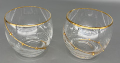 Lot of 2 artist made clear elegant glass gold rim & side embellishment 5 oz