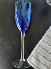 Set of 4 Vintage Hand Blown Cobalt Blue Wine Glasses With Clear Long Stems, 9”