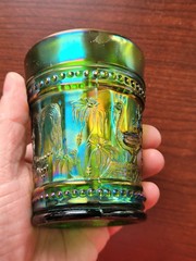 Super Pretty Emerald Green Carnival Glass Peacock at The Fountain Tumbler