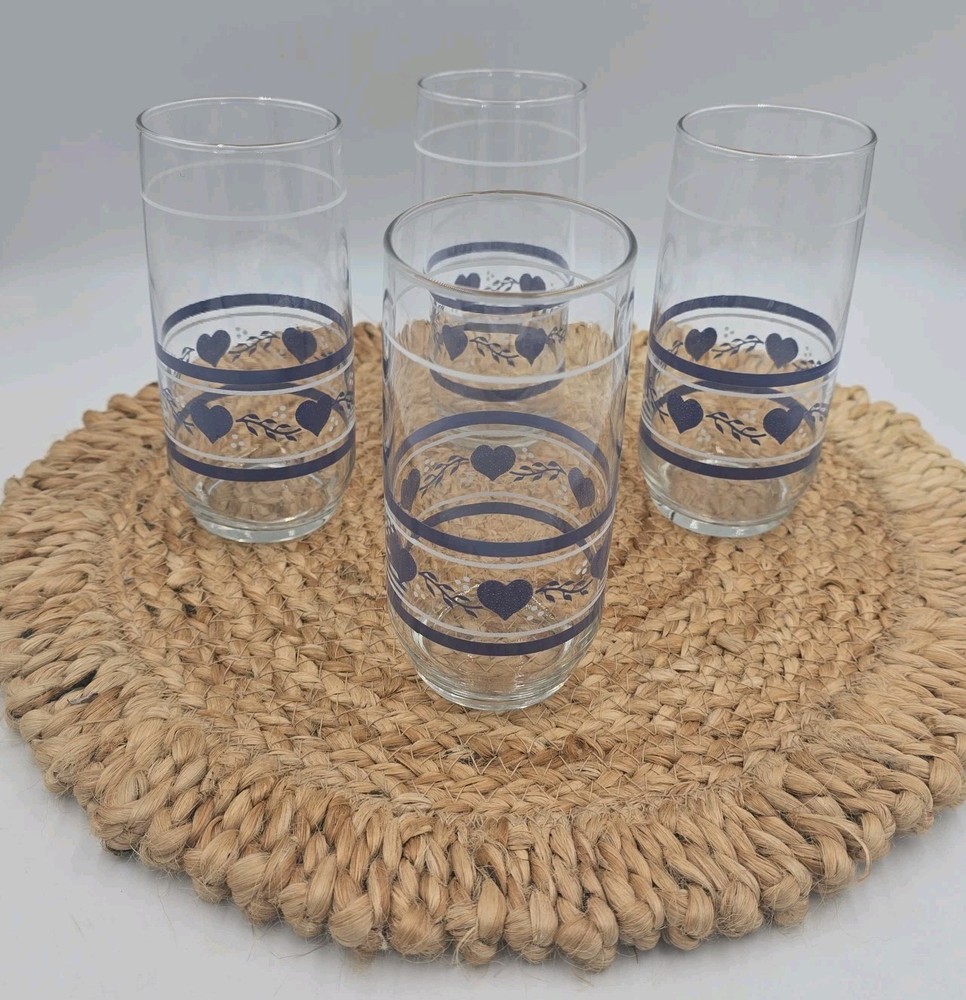 Vintage Set of 4 Libbey Blue Heart 16oz Drinking Glasses Country Core Farmhouse