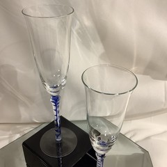 Clear 9” Champagne Flute w/ Blue Glass Spiral Twisted Stem – Set of 2