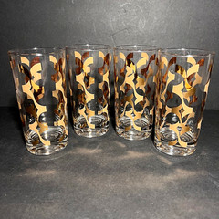 Set of 4 MCM Tumblers Gold & Tan Ribbon Pattern 5.5″ Tall 12 fl oz Hand Blown