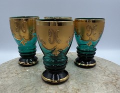 Set of 4 Vintage Venetian Tumblers – Teal Glass & 24k Gold – Hand Painted