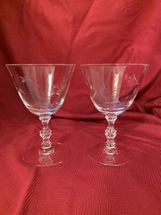 2 “Petite” By Duncan&Miller BLOWN GLASS Goblets W/Etched Flowers & Leaves 5.75”