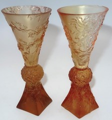 Liuligongfang Art Glass, Amber Ball Stem Square Base Glass 5 7/8″ Set of 2 CHIPS