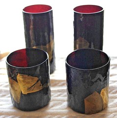 Burgundy Hand Blown Glass / Art Glass Abstract gold leafed, signed by an artist