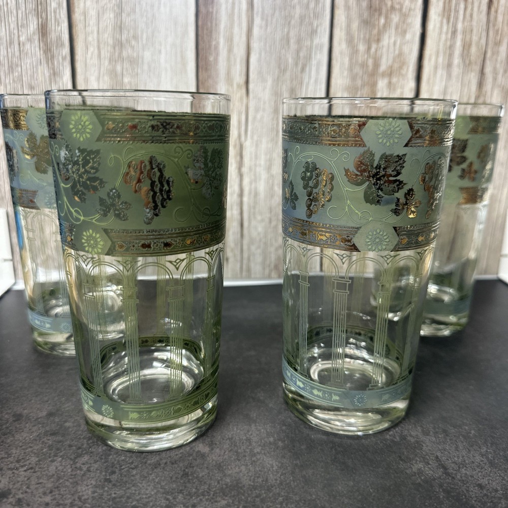 Vintage Golden Grapes Barware Glasses Grapes Columns Cera Mid Century