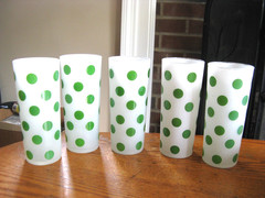 Lot of 5 Anchor Hocking Frosted w Green Polka Dots 16 oz Drinking Glass Tumblers