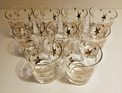 Vintage Set Of 9 «Pour Another For» Gold Stars Lowball Cocktail Glasses MCM Bar