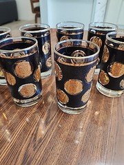 Cera Glass Co. 8 Barware Hi-ball glasses black Textured w/gold seal coins
