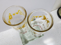 Two Vintage Glass Tumblers Pink White Yellow Butterflies Cottage Cheese