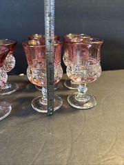Kings Crown Thumbprint Cranberry Cordial Glasses-(8)-Cranberry Flashed EUC